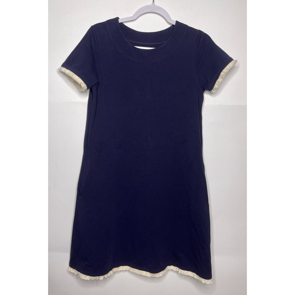Spartina 449  Island Fringe Dress Womens Small Navy Blue Shift Pockets Cotton